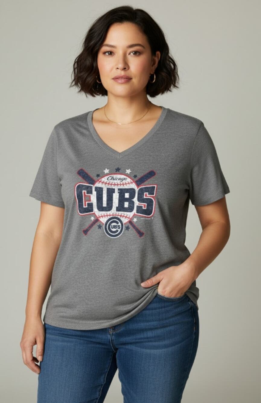 MLB Women's Chicago Cubs 5th & Ocean Gray V-Neck T-Shirt Plus Size XXLarge